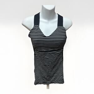 Lululemon Womens Tank Top Size 6 Black White Striped Built In Bra Strappy Back